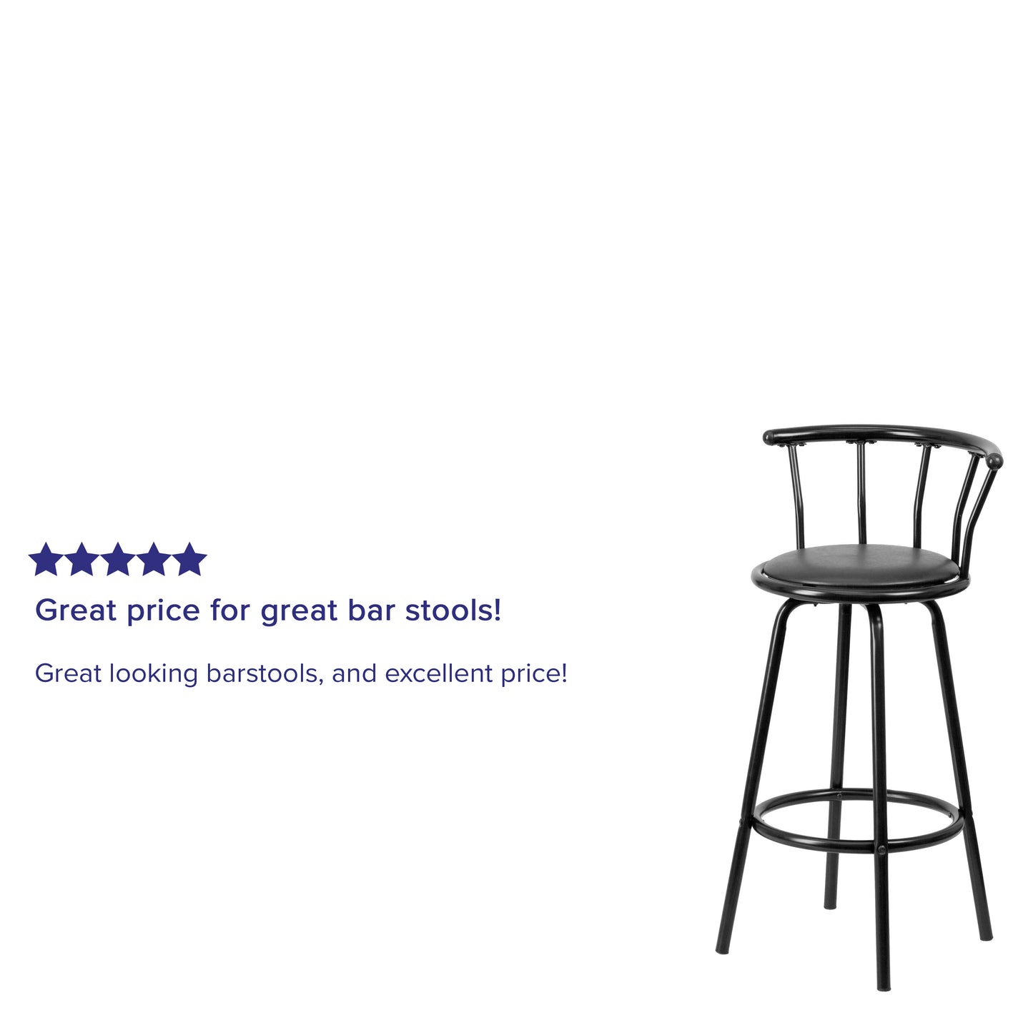 Charla Crown Back Black Metal Barstool with Black Vinyl Swivel Seat