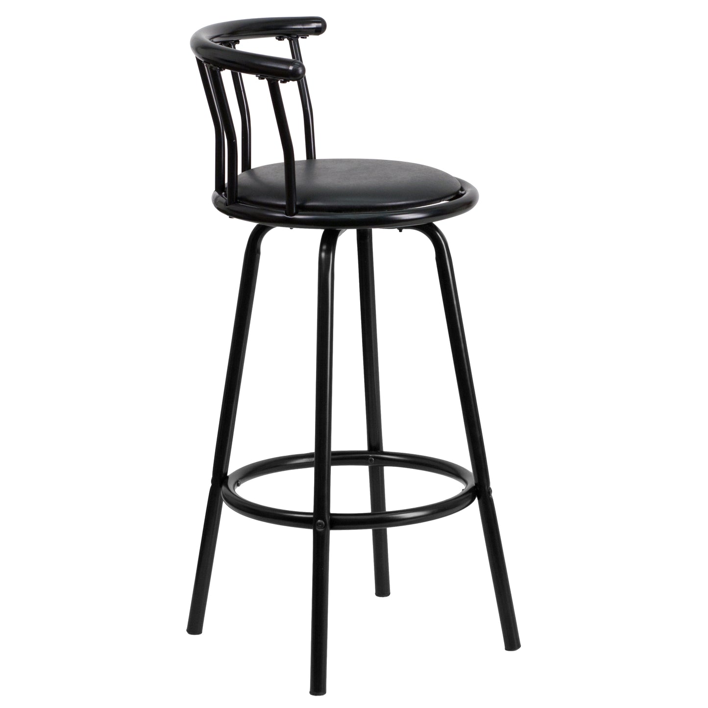 Charla Crown Back Black Metal Barstool with Black Vinyl Swivel Seat