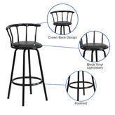 Charla Crown Back Black Metal Barstool with Black Vinyl Swivel Seat