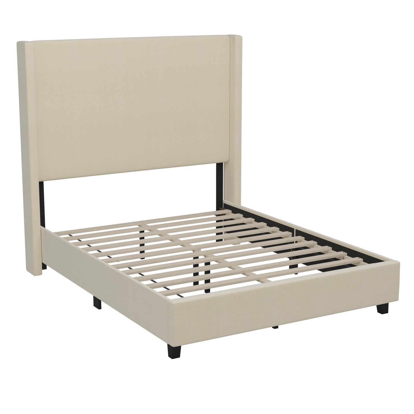 Quinn Full Upholstered Platform Bed with Channel Stitched Wingback Headboard, Mattress Foundation with Slatted Supports, No Box Spring Needed, Beige