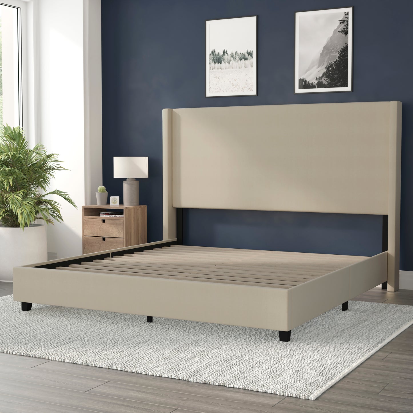 Quinn King Upholstered Platform Bed with Channel Stitched Wingback Headboard, Mattress Foundation with Slatted Supports, No Box Spring Needed, Beige