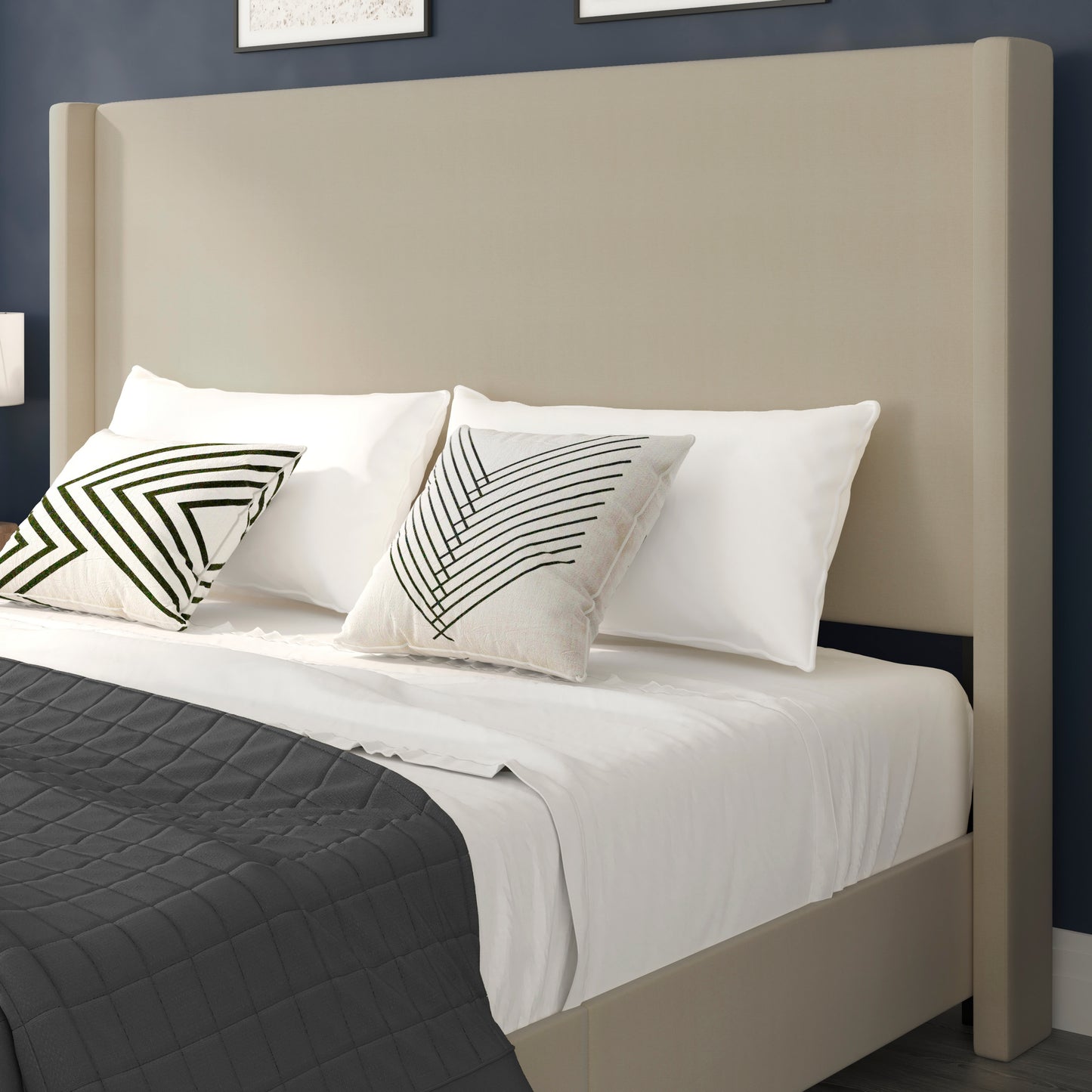 Quinn King Upholstered Platform Bed with Channel Stitched Wingback Headboard, Mattress Foundation with Slatted Supports, No Box Spring Needed, Beige