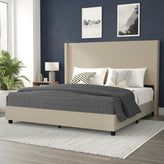 Quinn King Upholstered Platform Bed with Channel Stitched Wingback Headboard, Mattress Foundation with Slatted Supports, No Box Spring Needed, Beige