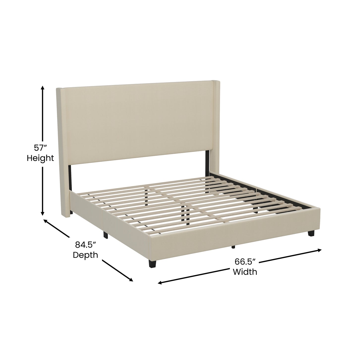 Quinn Queen Upholstered Platform Bed with Channel Stitched Wingback Headboard, Mattress Foundation with Slatted Supports, No Box Spring Needed, Beige