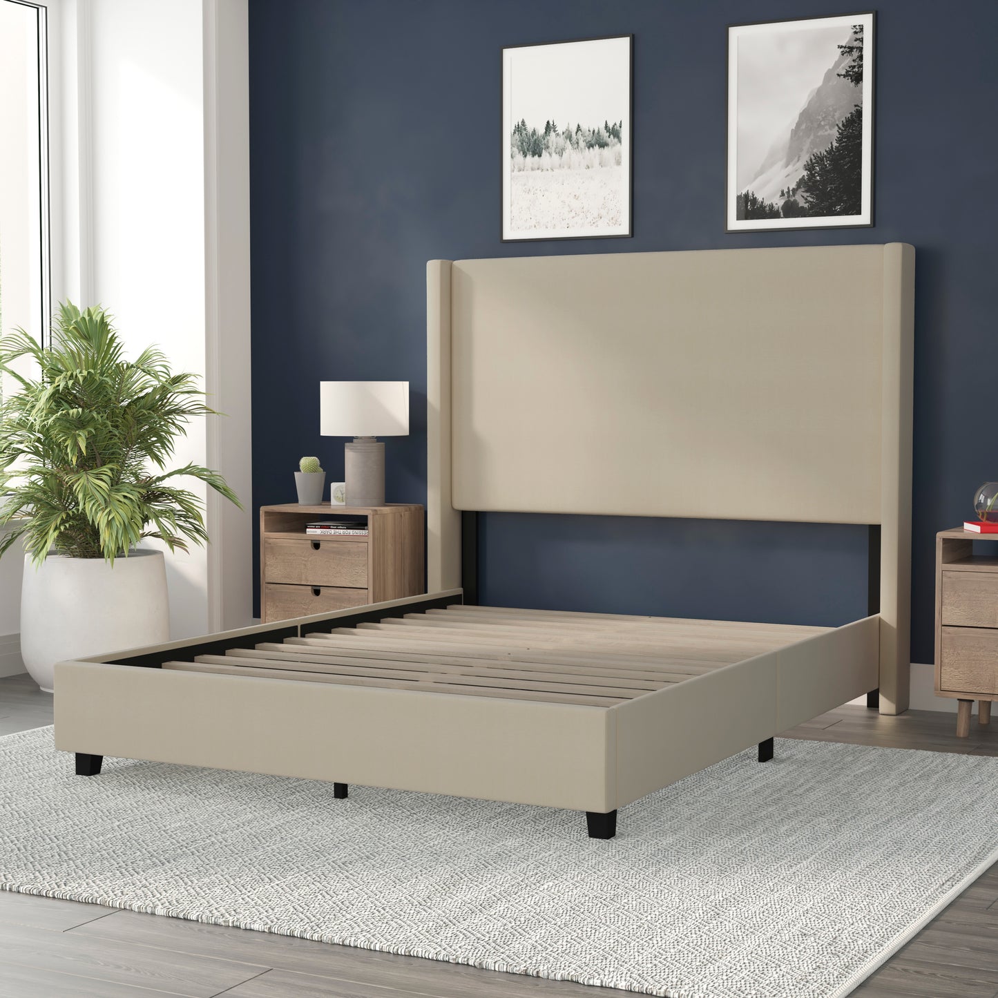 Quinn Queen Upholstered Platform Bed with Channel Stitched Wingback Headboard, Mattress Foundation with Slatted Supports, No Box Spring Needed, Beige