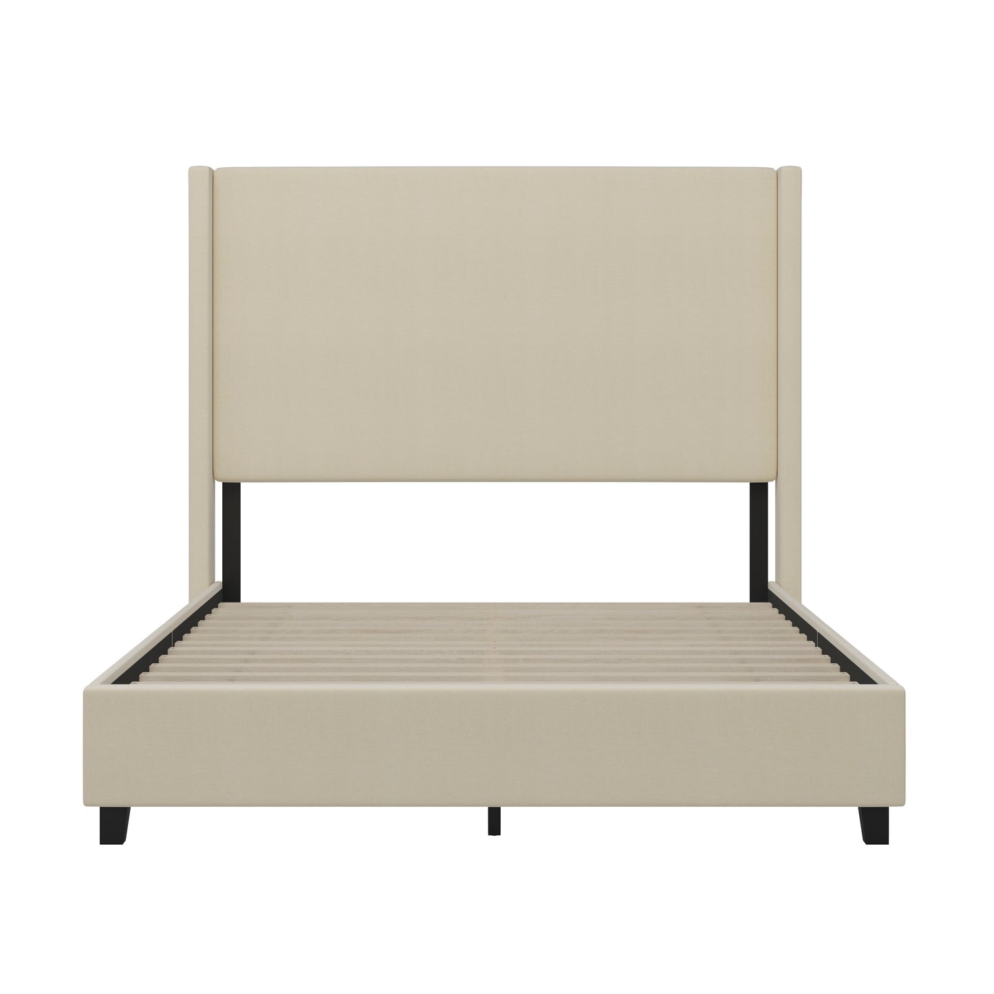 Quinn Queen Upholstered Platform Bed with Channel Stitched Wingback Headboard, Mattress Foundation with Slatted Supports, No Box Spring Needed, Beige