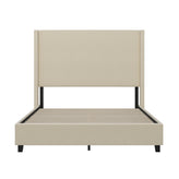 Quinn Queen Upholstered Platform Bed with Channel Stitched Wingback Headboard, Mattress Foundation with Slatted Supports, No Box Spring Needed, Beige