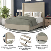 Quinn Queen Upholstered Platform Bed with Channel Stitched Wingback Headboard, Mattress Foundation with Slatted Supports, No Box Spring Needed, Beige