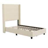 Quinn Twin Upholstered Platform Bed with Channel Stitched Wingback Headboard, Mattress Foundation with Slatted Supports, No Box Spring Needed, Beige