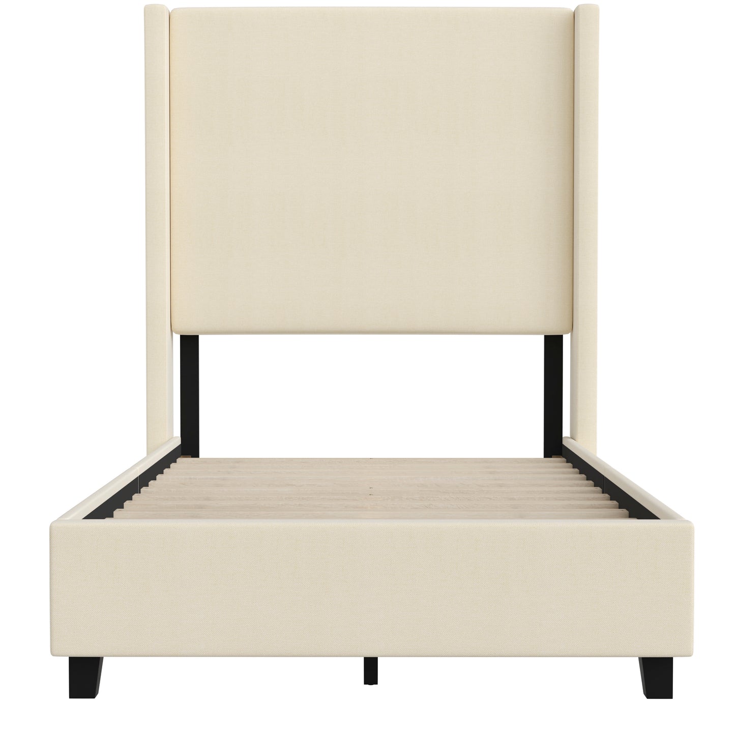 Quinn Twin Upholstered Platform Bed with Channel Stitched Wingback Headboard, Mattress Foundation with Slatted Supports, No Box Spring Needed, Beige