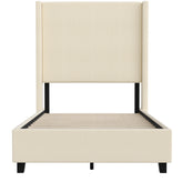 Quinn Twin Upholstered Platform Bed with Channel Stitched Wingback Headboard, Mattress Foundation with Slatted Supports, No Box Spring Needed, Beige