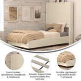 Quinn Twin Upholstered Platform Bed with Channel Stitched Wingback Headboard, Mattress Foundation with Slatted Supports, No Box Spring Needed, Beige