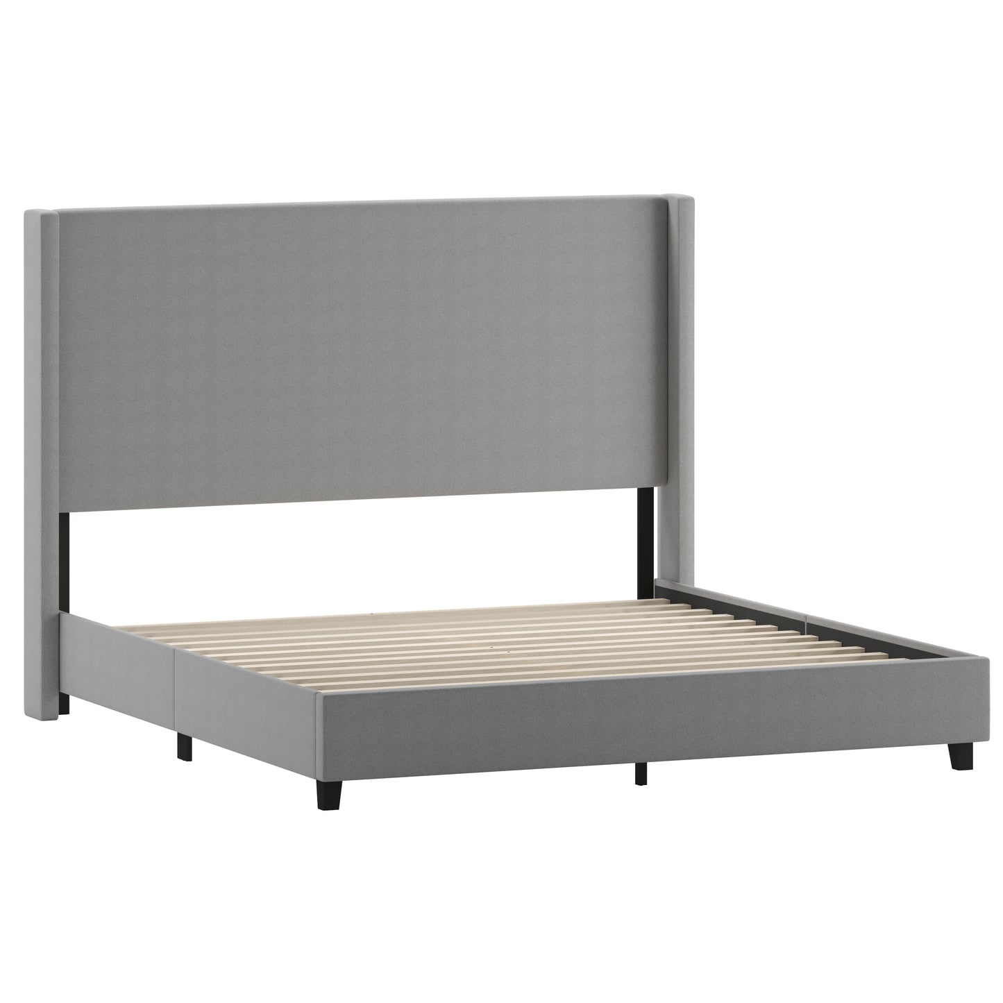 Quinn King Upholstered Platform Bed with Channel Stitched Wingback Headboard, Mattress Foundation with Slatted Supports, No Box Spring Needed, Gray