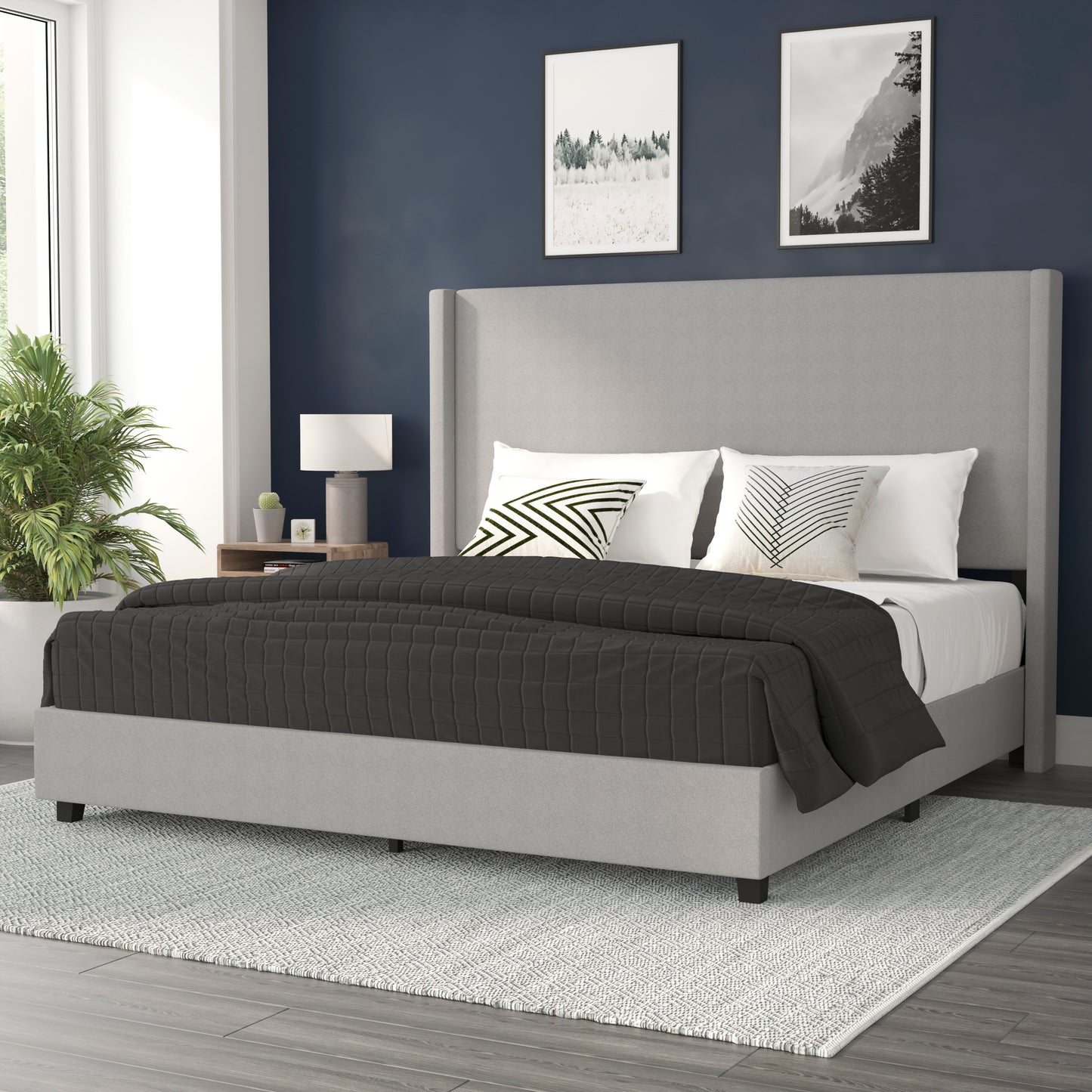 Quinn King Upholstered Platform Bed with Channel Stitched Wingback Headboard, Mattress Foundation with Slatted Supports, No Box Spring Needed, Gray