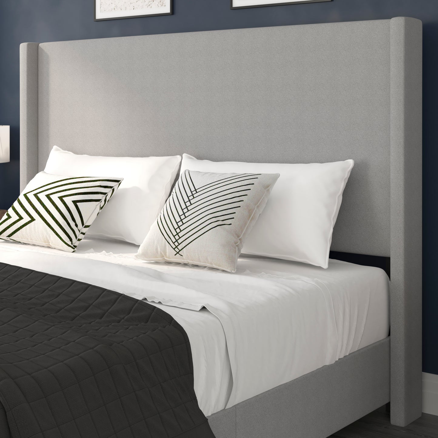 Quinn King Upholstered Platform Bed with Channel Stitched Wingback Headboard, Mattress Foundation with Slatted Supports, No Box Spring Needed, Gray