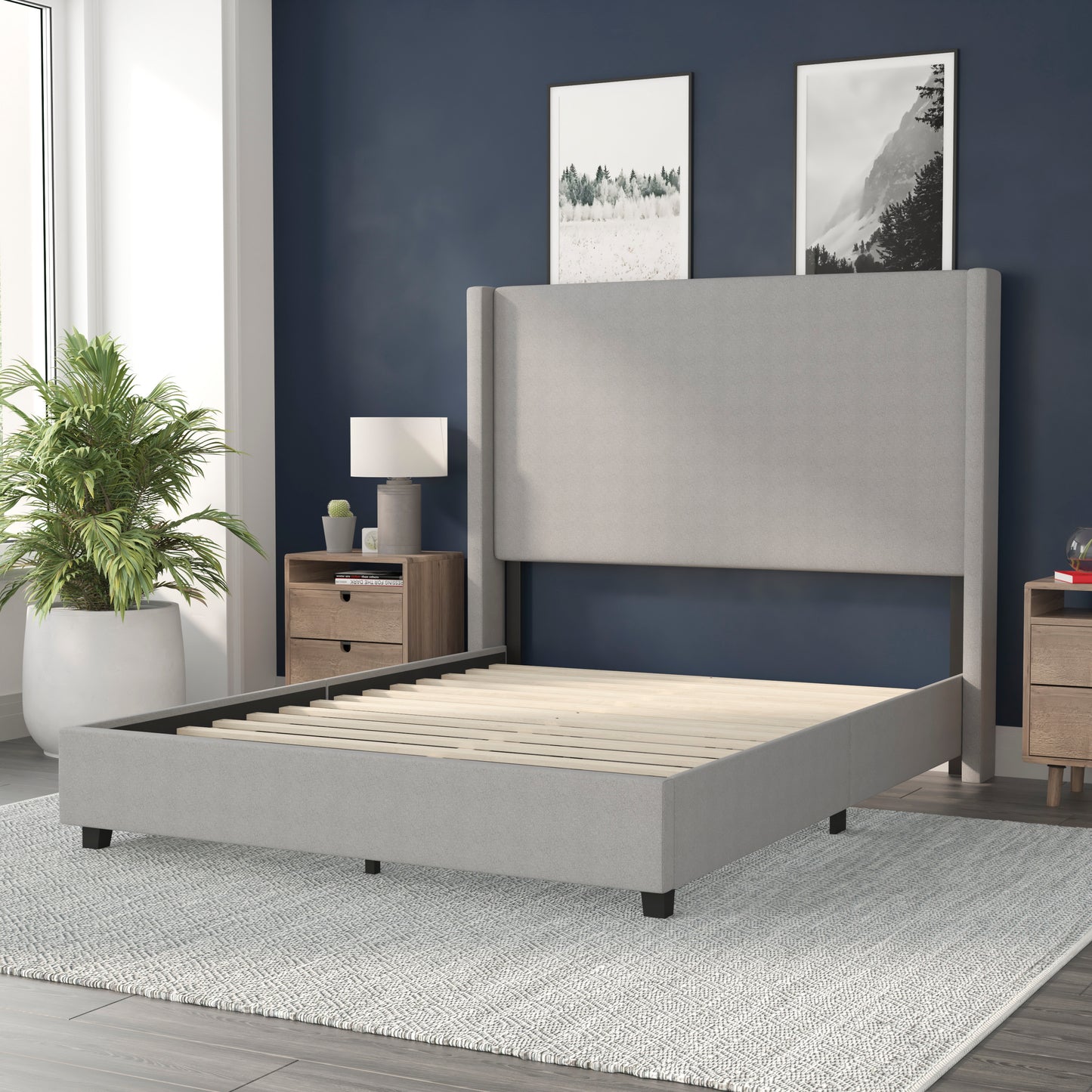 Quinn Queen Upholstered Platform Bed with Channel Stitched Wingback Headboard, Mattress Foundation with Slatted Supports, No Box Spring Needed, Gray