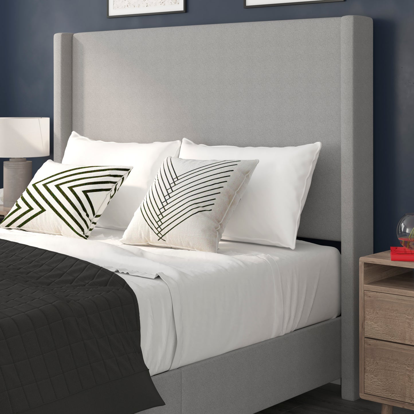 Quinn Queen Upholstered Platform Bed with Channel Stitched Wingback Headboard, Mattress Foundation with Slatted Supports, No Box Spring Needed, Gray