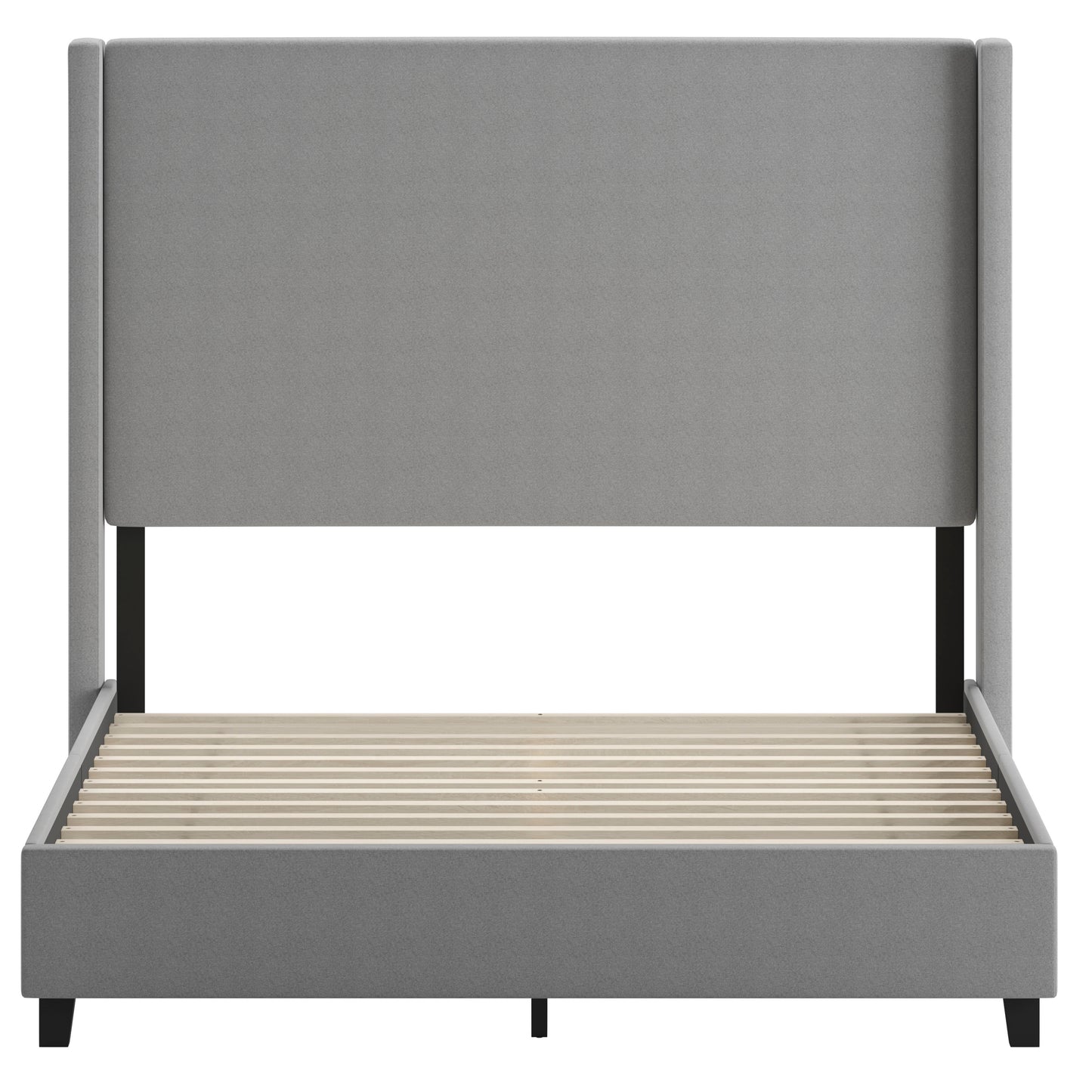 Quinn Queen Upholstered Platform Bed with Channel Stitched Wingback Headboard, Mattress Foundation with Slatted Supports, No Box Spring Needed, Gray