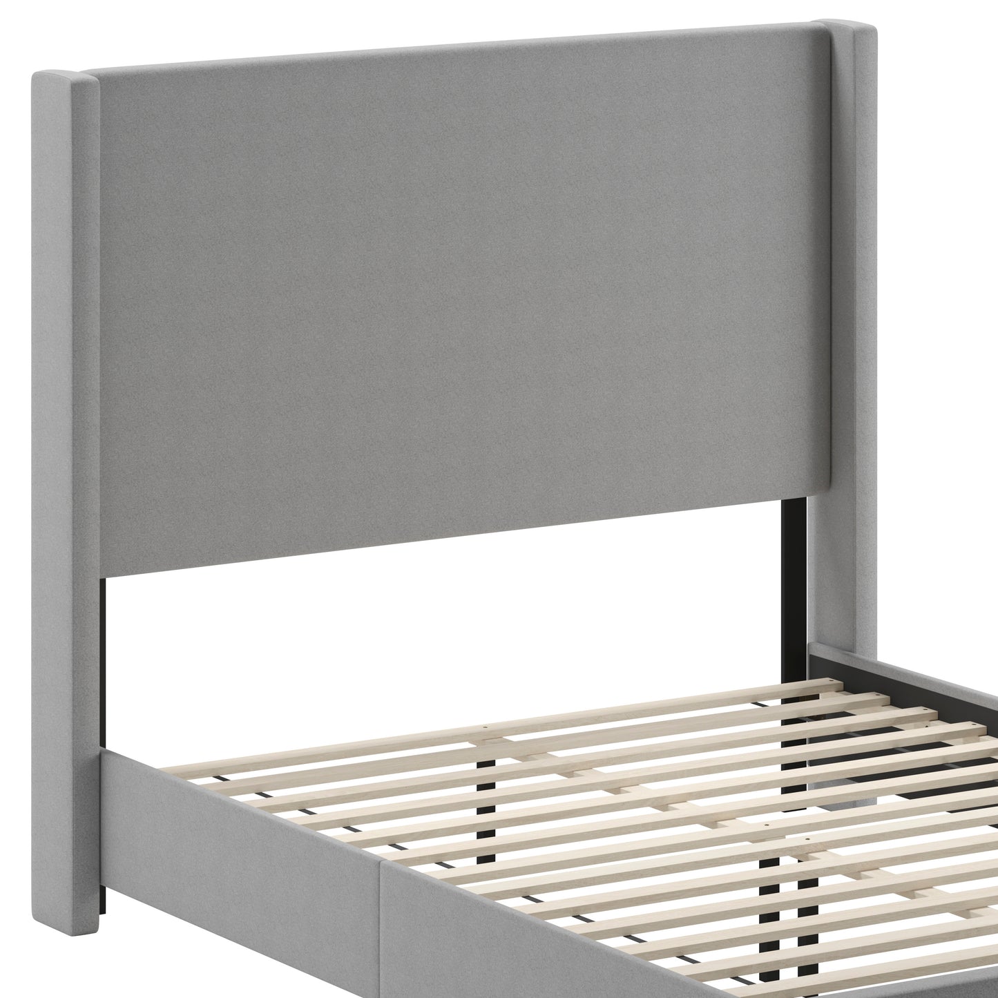 Quinn Queen Upholstered Platform Bed with Channel Stitched Wingback Headboard, Mattress Foundation with Slatted Supports, No Box Spring Needed, Gray