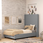 Quinn Twin Upholstered Platform Bed with Channel Stitched Wingback Headboard, Mattress Foundation with Slatted Supports, No Box Spring Needed, Gray