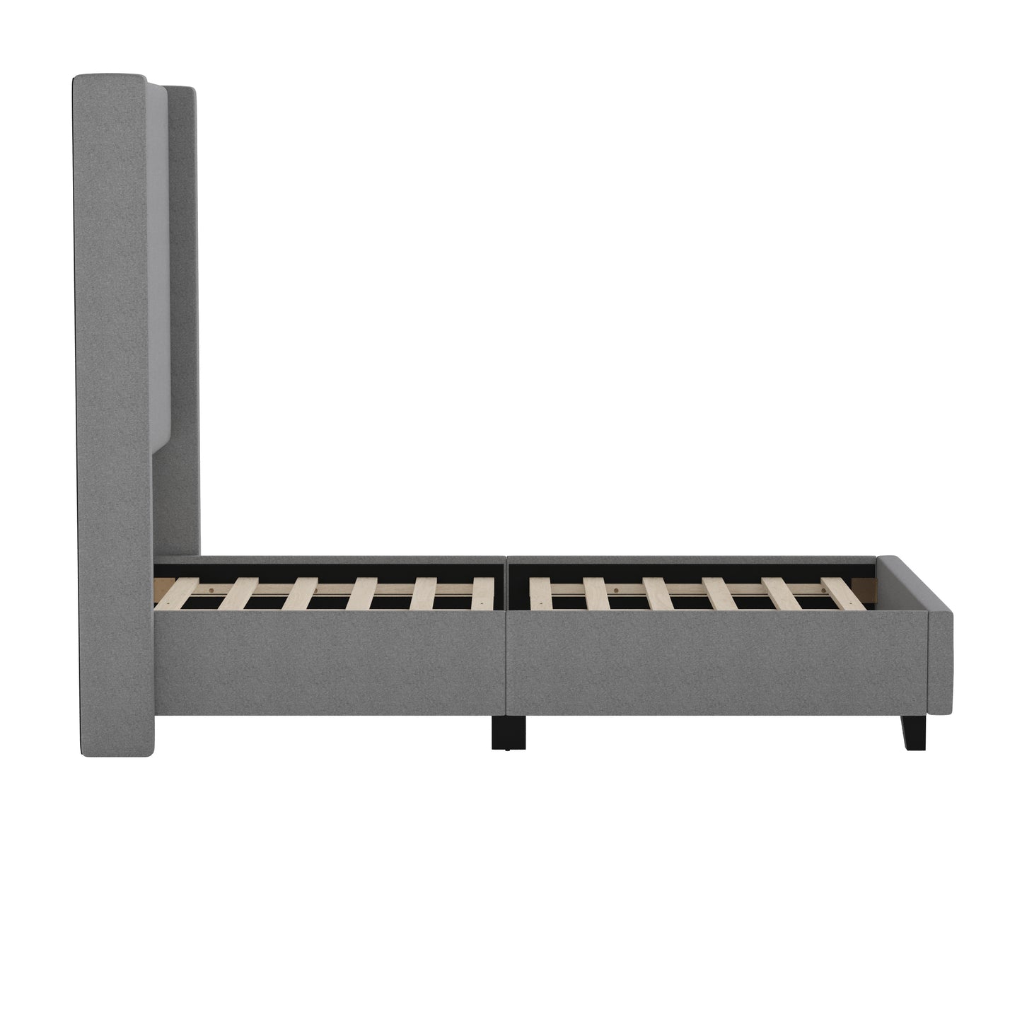 Quinn Twin Upholstered Platform Bed with Channel Stitched Wingback Headboard, Mattress Foundation with Slatted Supports, No Box Spring Needed, Gray