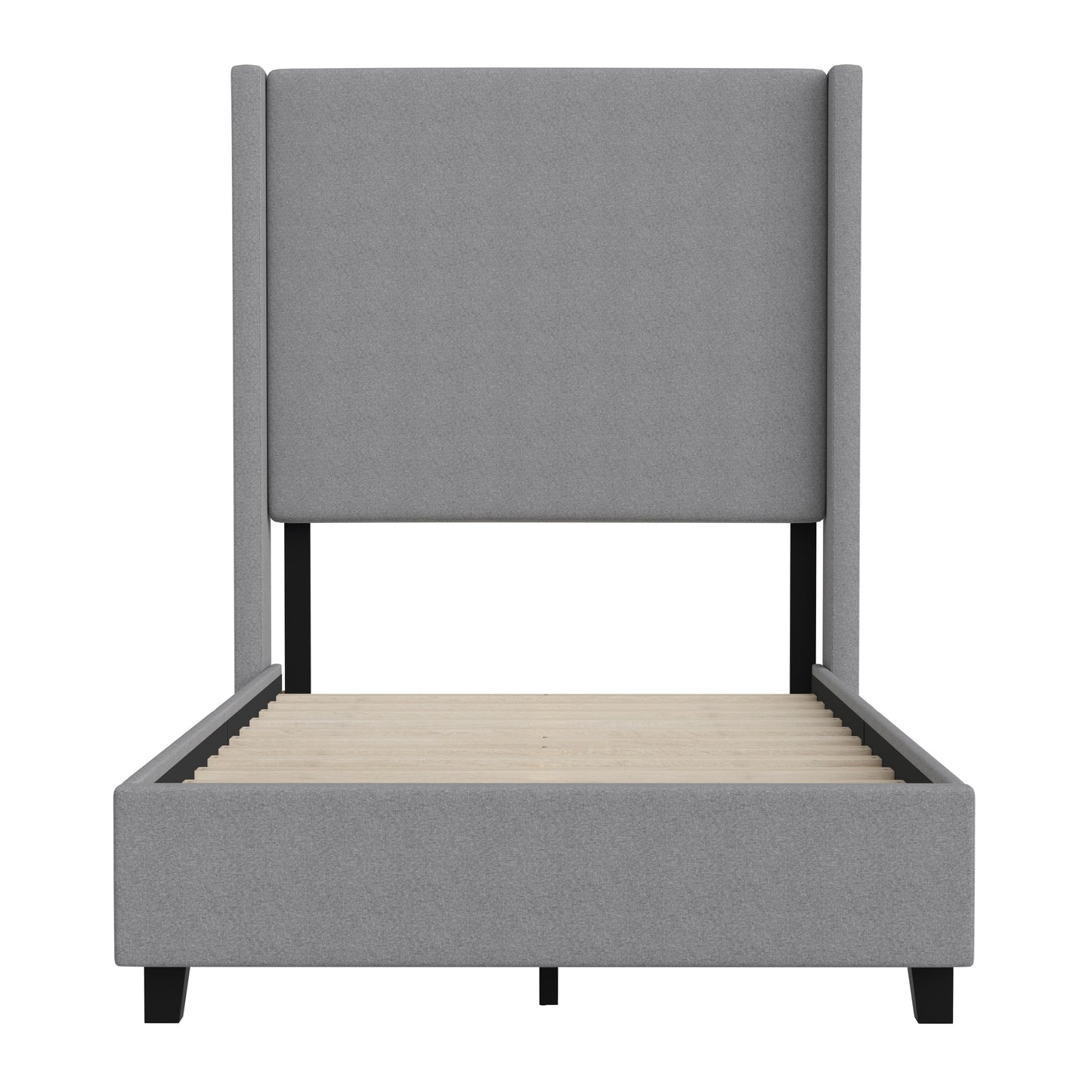 Quinn Twin Upholstered Platform Bed with Channel Stitched Wingback Headboard, Mattress Foundation with Slatted Supports, No Box Spring Needed, Gray
