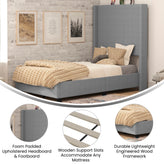 Quinn Twin Upholstered Platform Bed with Channel Stitched Wingback Headboard, Mattress Foundation with Slatted Supports, No Box Spring Needed, Gray