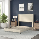 Hollis Full Upholstered Platform Bed with Wingback Headboard, Mattress Foundation with Slatted Supports, No Box Spring Needed, Beige Faux Linen