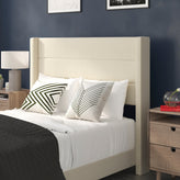 Hollis Full Upholstered Platform Bed with Wingback Headboard, Mattress Foundation with Slatted Supports, No Box Spring Needed, Beige Faux Linen
