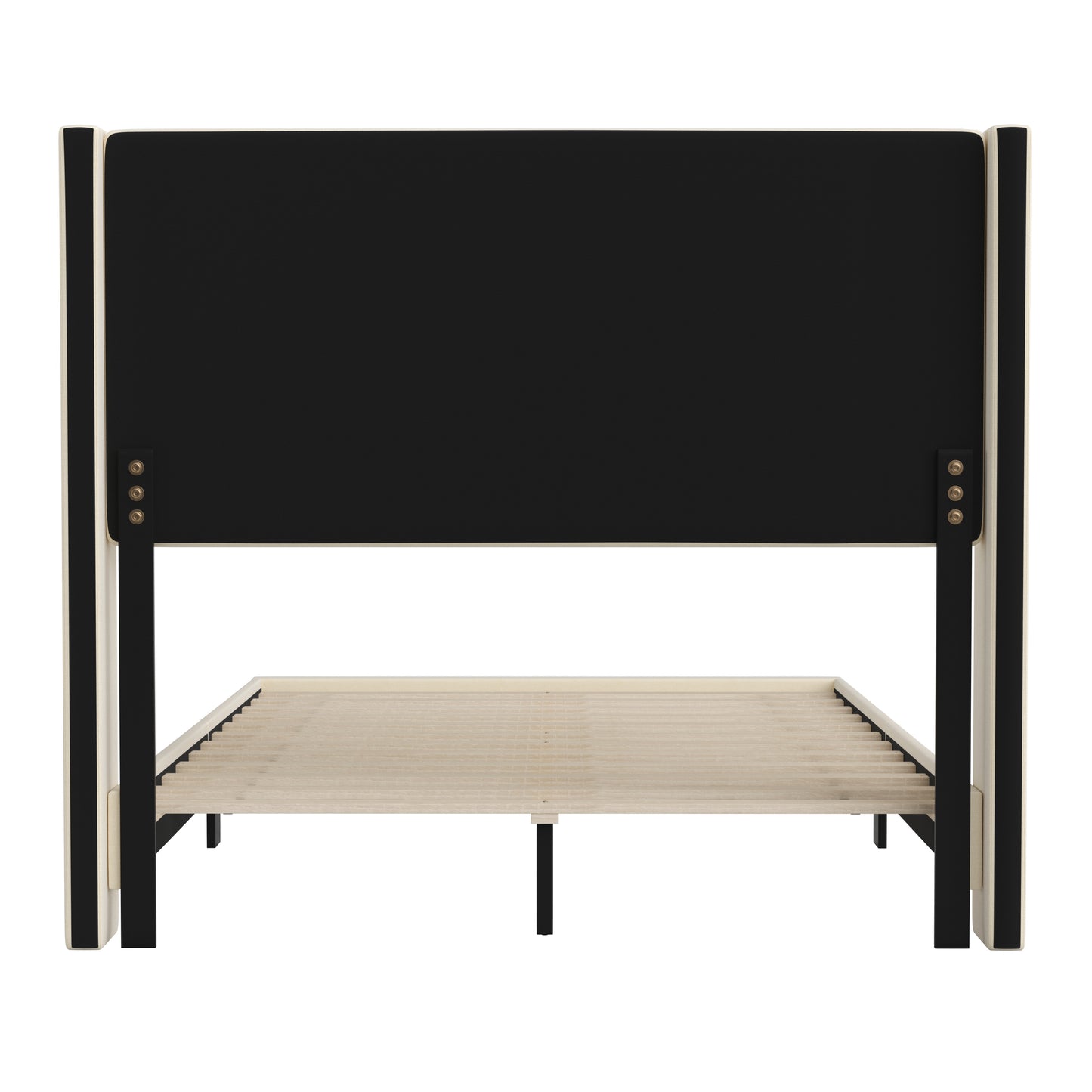 Hollis Full Upholstered Platform Bed with Wingback Headboard, Mattress Foundation with Slatted Supports, No Box Spring Needed, Beige Faux Linen
