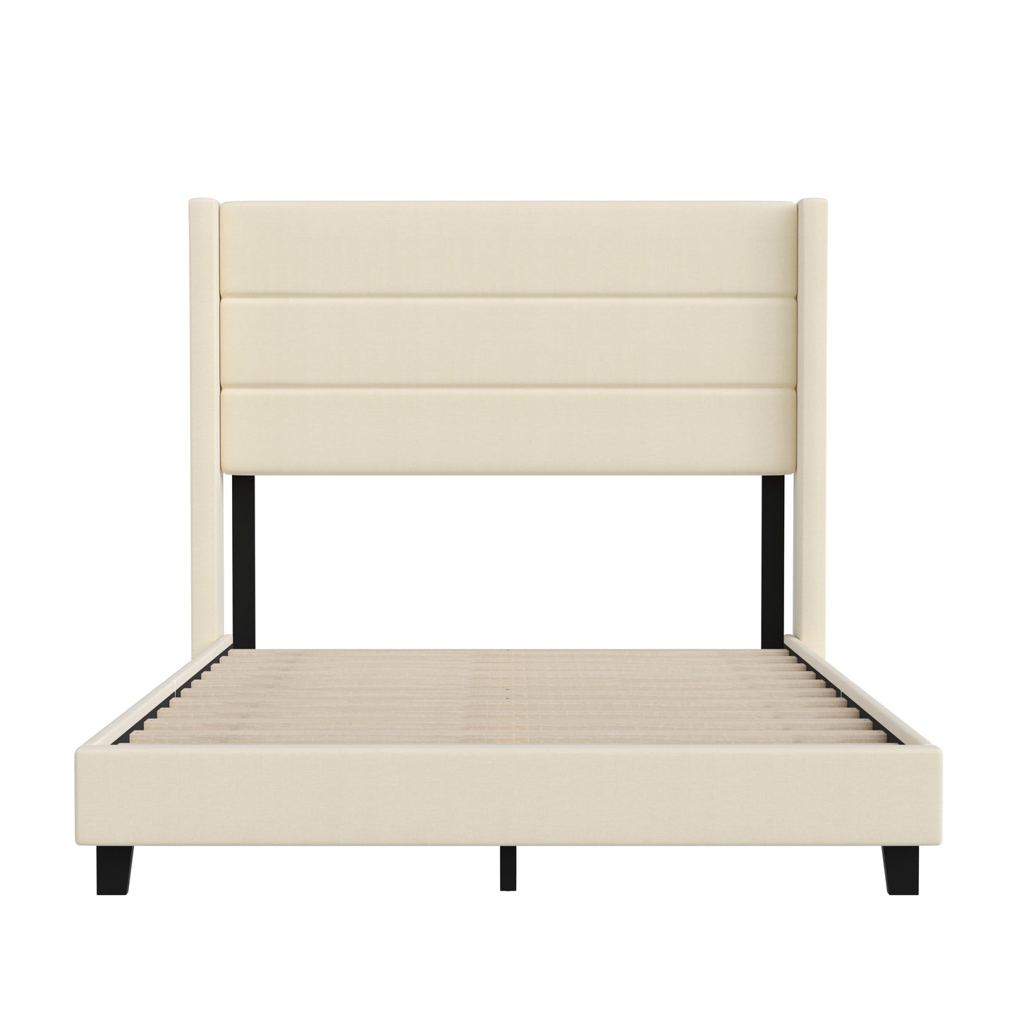 Hollis Full Upholstered Platform Bed with Wingback Headboard, Mattress Foundation with Slatted Supports, No Box Spring Needed, Beige Faux Linen