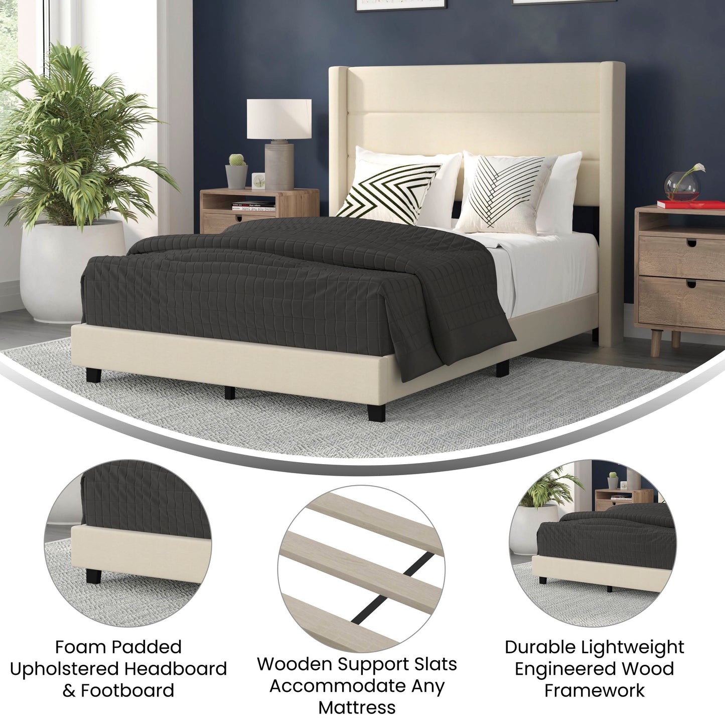 Hollis Full Upholstered Platform Bed with Wingback Headboard, Mattress Foundation with Slatted Supports, No Box Spring Needed, Beige Faux Linen