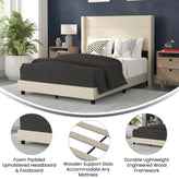 Hollis Full Upholstered Platform Bed with Wingback Headboard, Mattress Foundation with Slatted Supports, No Box Spring Needed, Beige Faux Linen
