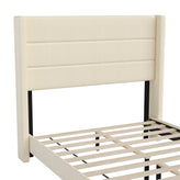 Hollis Full Upholstered Platform Bed with Wingback Headboard, Mattress Foundation with Slatted Supports, No Box Spring Needed, Beige Faux Linen