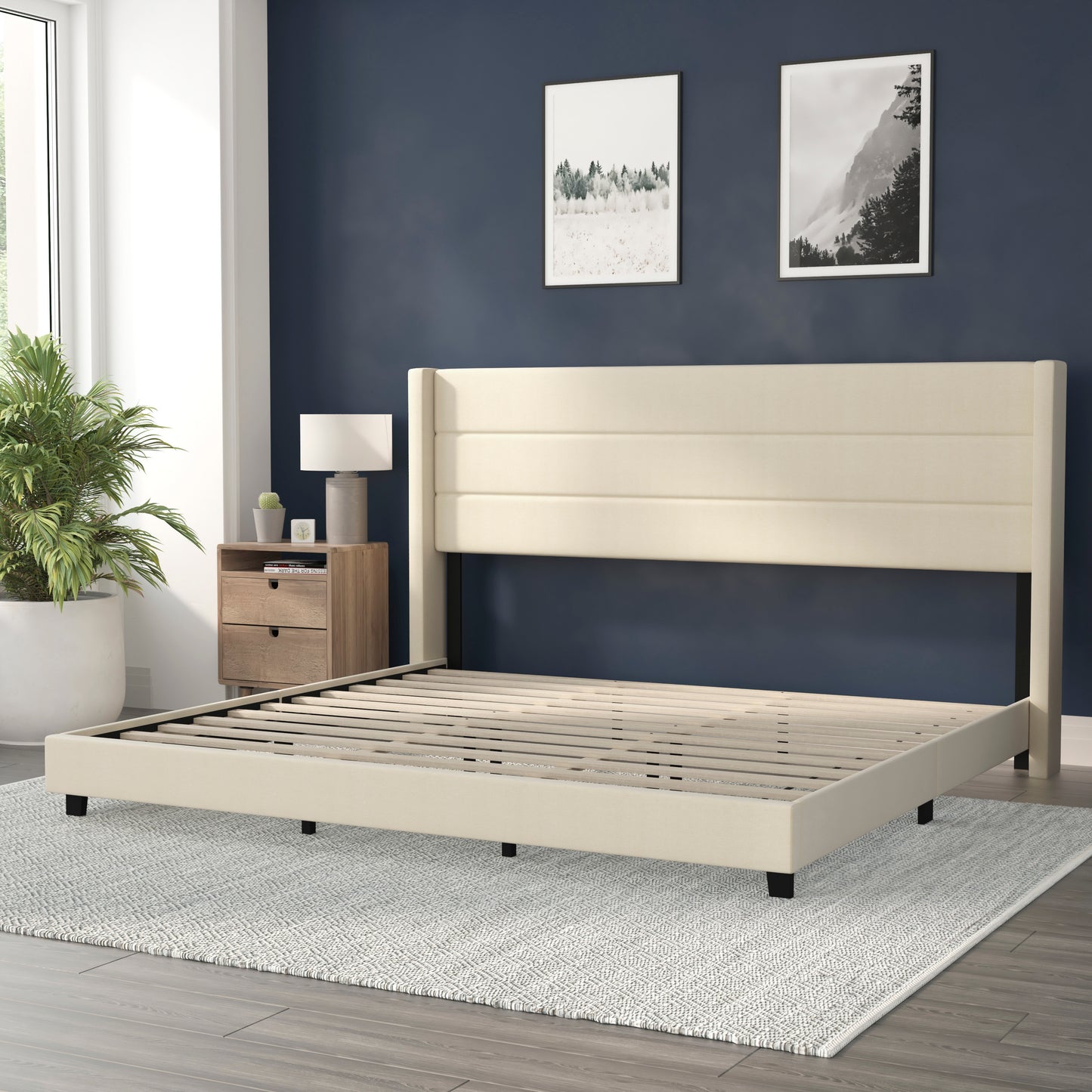 Hollis King Upholstered Platform Bed with Wingback Headboard, Mattress Foundation with Slatted Supports, No Box Spring Needed, Beige Faux Linen