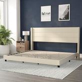 Hollis King Upholstered Platform Bed with Wingback Headboard, Mattress Foundation with Slatted Supports, No Box Spring Needed, Beige Faux Linen