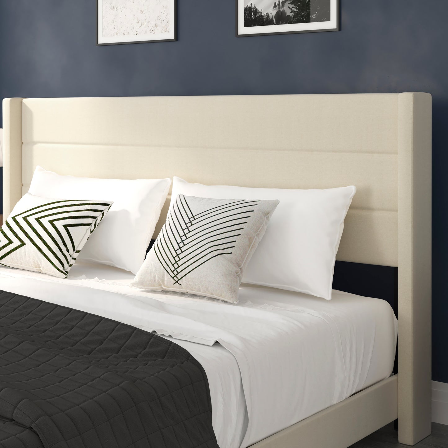 Hollis King Upholstered Platform Bed with Wingback Headboard, Mattress Foundation with Slatted Supports, No Box Spring Needed, Beige Faux Linen