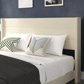 Hollis King Upholstered Platform Bed with Wingback Headboard, Mattress Foundation with Slatted Supports, No Box Spring Needed, Beige Faux Linen