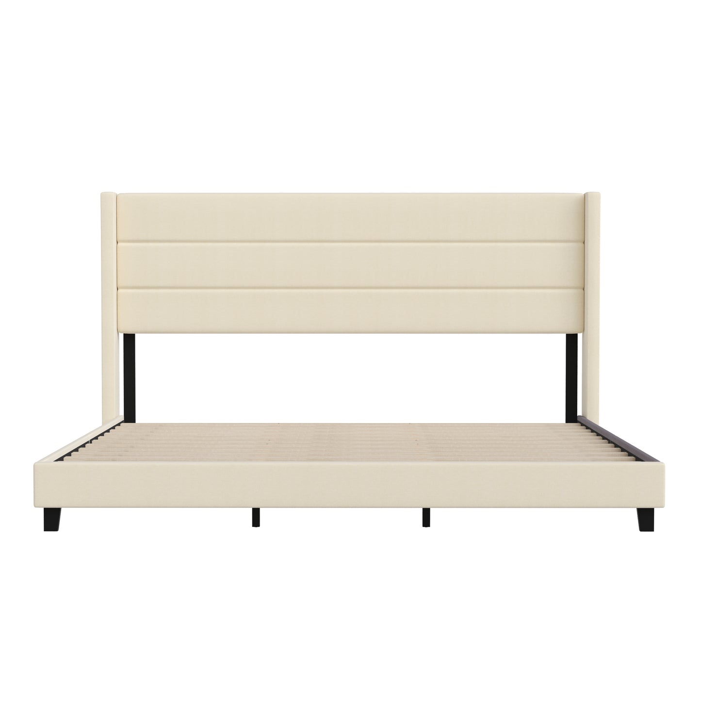 Hollis King Upholstered Platform Bed with Wingback Headboard, Mattress Foundation with Slatted Supports, No Box Spring Needed, Beige Faux Linen