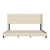 Hollis King Upholstered Platform Bed with Wingback Headboard, Mattress Foundation with Slatted Supports, No Box Spring Needed, Beige Faux Linen