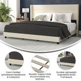 Hollis King Upholstered Platform Bed with Wingback Headboard, Mattress Foundation with Slatted Supports, No Box Spring Needed, Beige Faux Linen