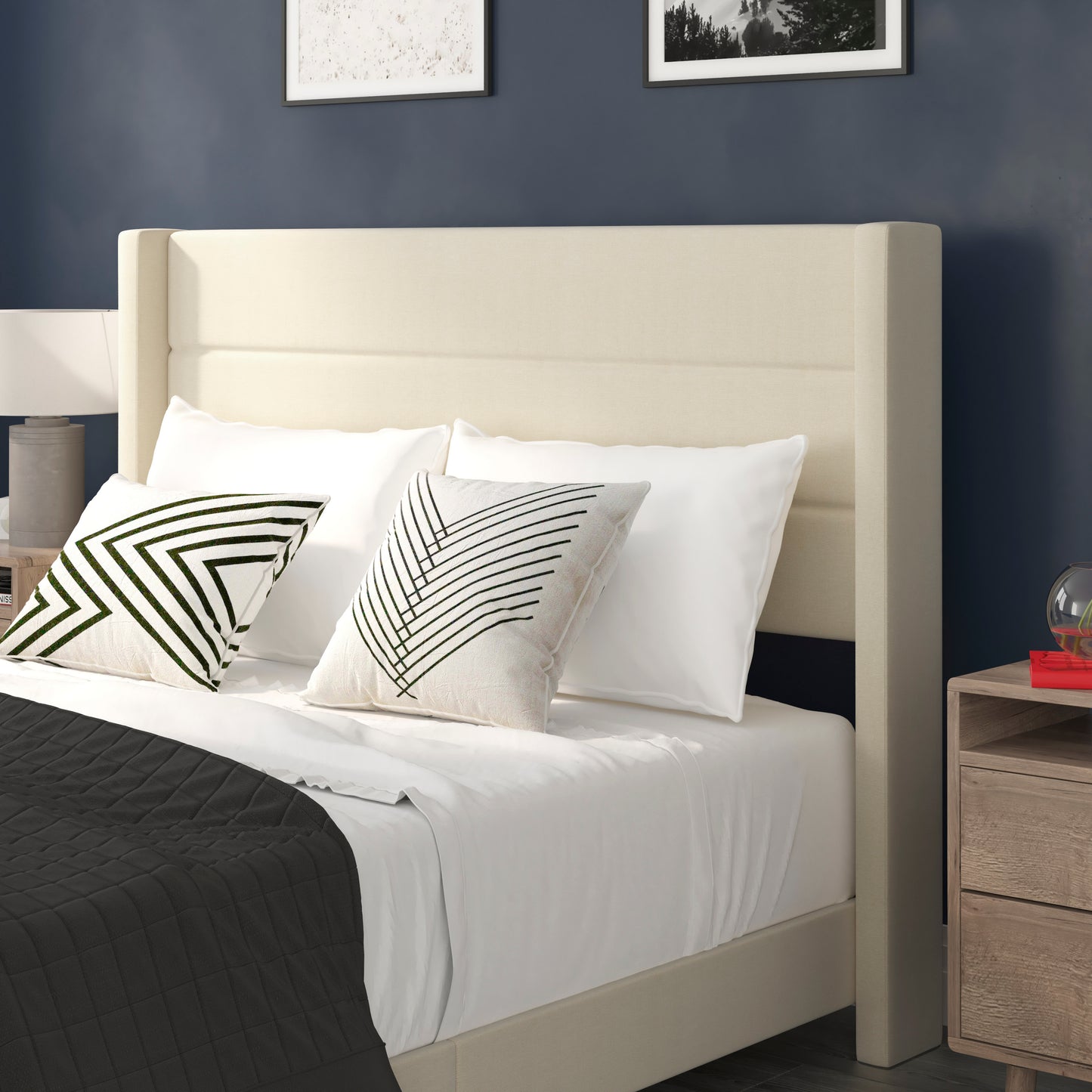 Hollis Queen Upholstered Platform Bed with Wingback Headboard, Mattress Foundation with Slatted Supports, No Box Spring Needed, Beige Faux Linen