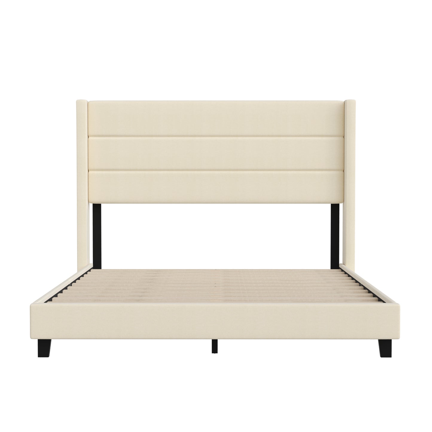 Hollis Queen Upholstered Platform Bed with Wingback Headboard, Mattress Foundation with Slatted Supports, No Box Spring Needed, Beige Faux Linen