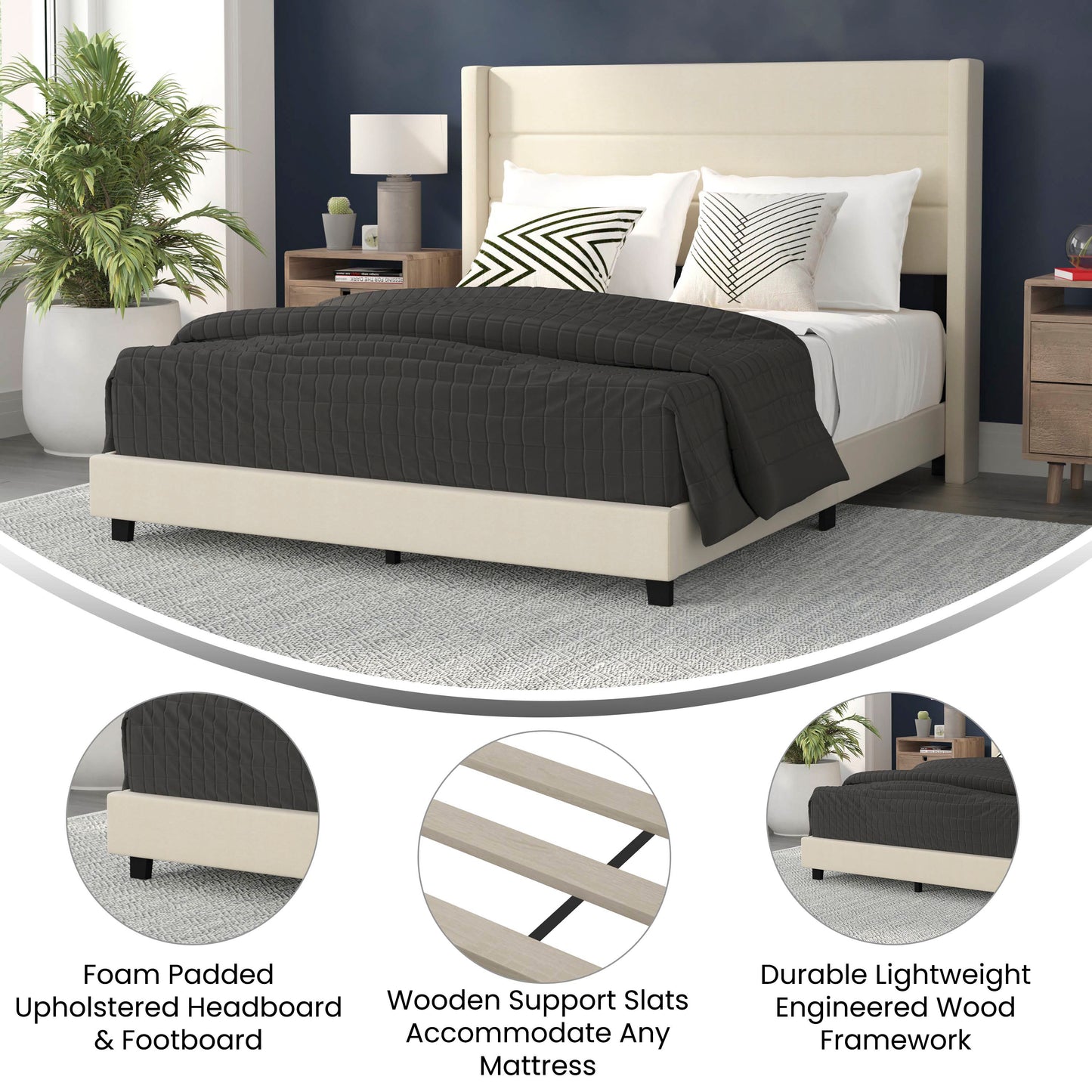 Hollis Queen Upholstered Platform Bed with Wingback Headboard, Mattress Foundation with Slatted Supports, No Box Spring Needed, Beige Faux Linen