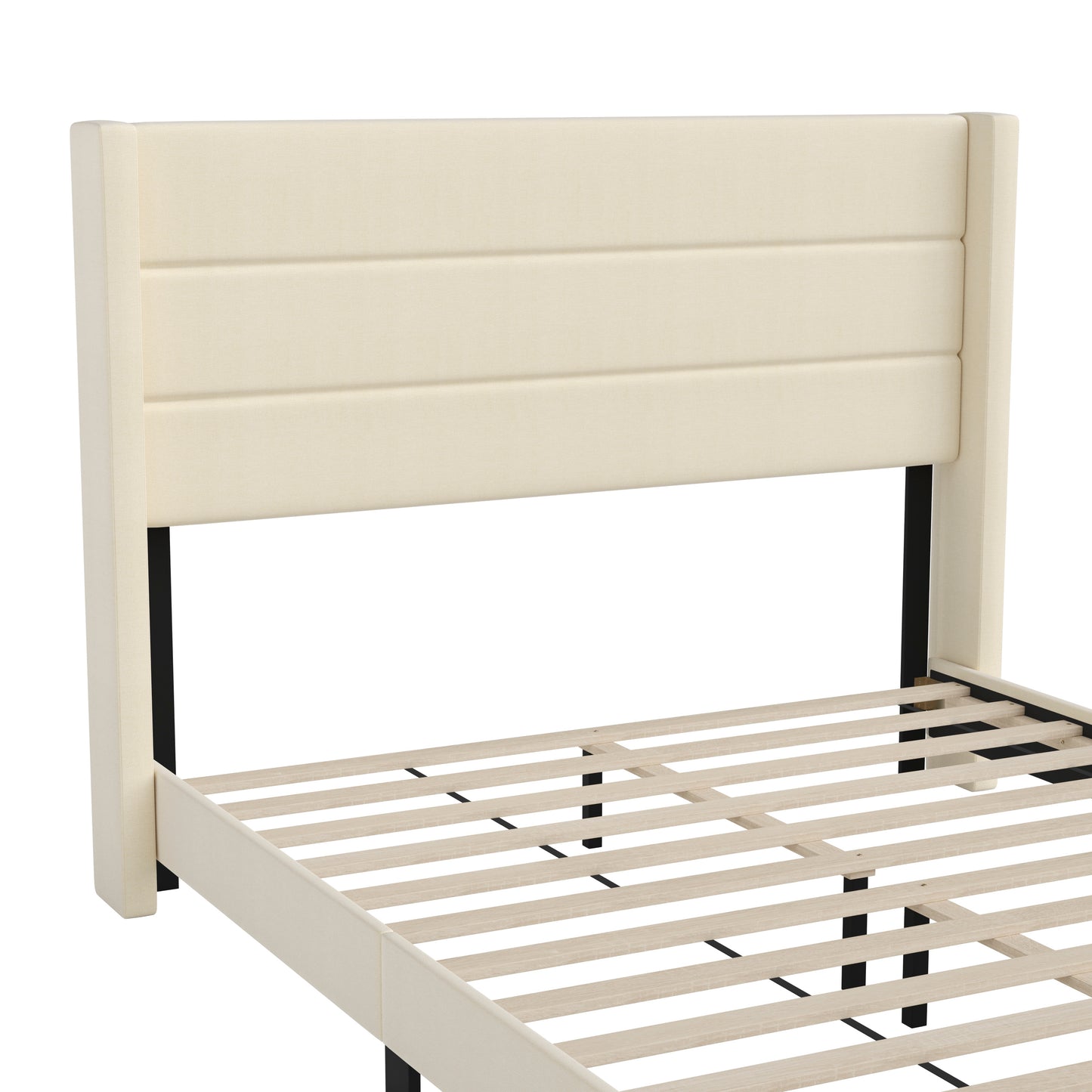 Hollis Queen Upholstered Platform Bed with Wingback Headboard, Mattress Foundation with Slatted Supports, No Box Spring Needed, Beige Faux Linen