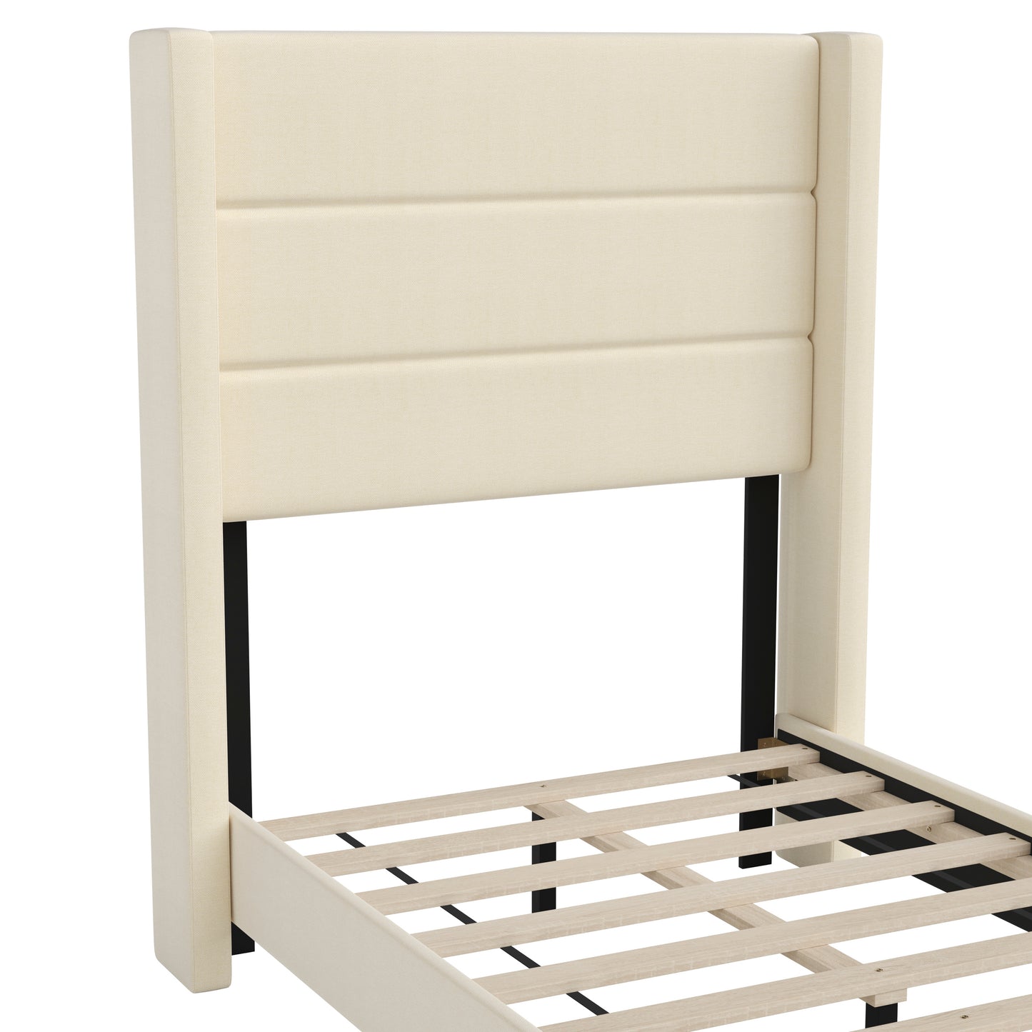 Hollis Twin Upholstered Platform Bed with Wingback Headboard, Mattress Foundation with Slatted Supports, No Box Spring Needed, Beige Faux Linen