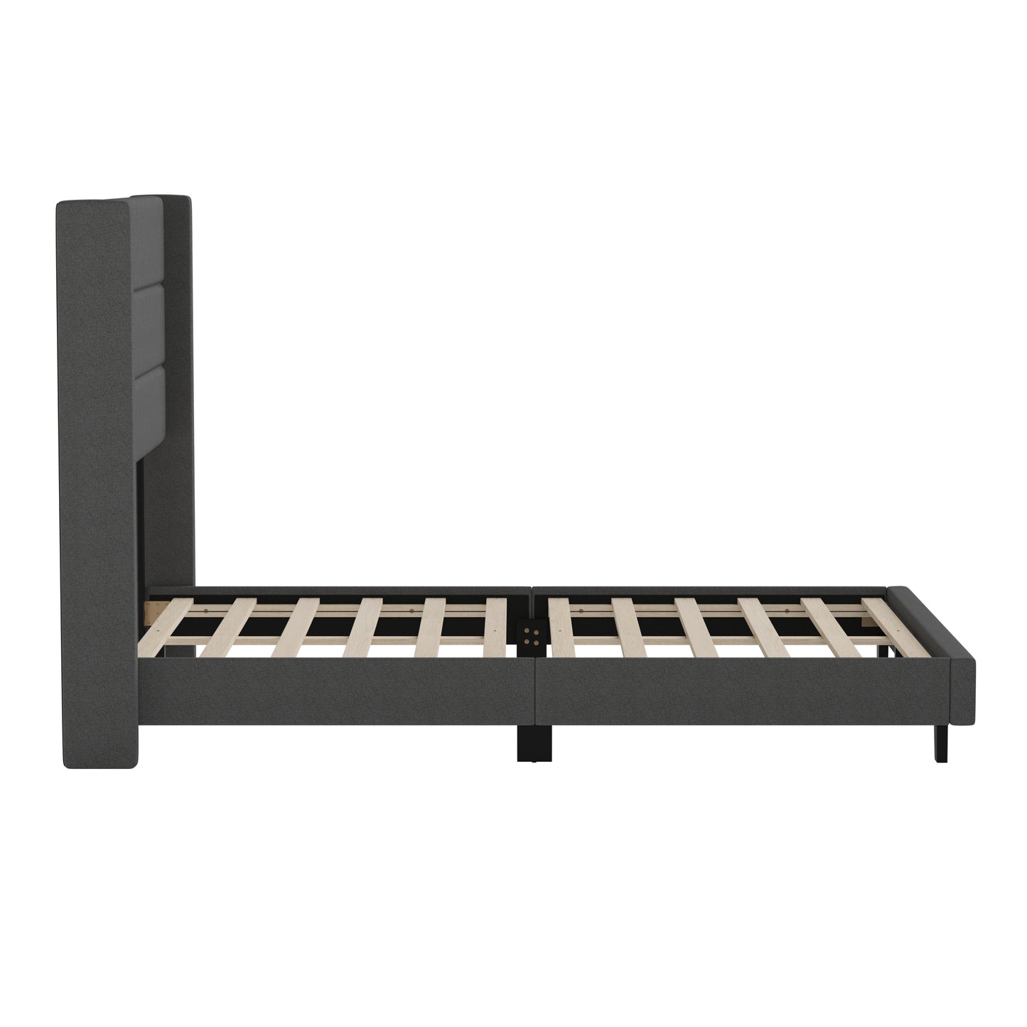 Hollis Full Upholstered Platform Bed with Wingback Headboard, Mattress Foundation with Slatted Supports, No Box Spring Needed, Charcoal Faux Linen