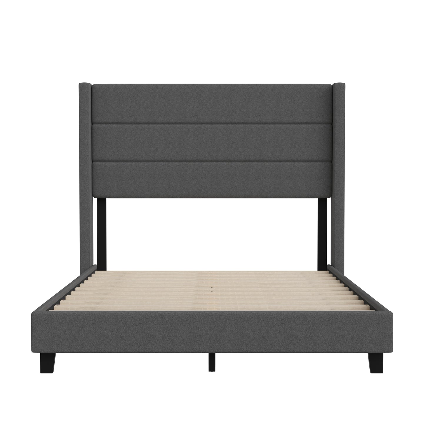 Hollis Full Upholstered Platform Bed with Wingback Headboard, Mattress Foundation with Slatted Supports, No Box Spring Needed, Charcoal Faux Linen