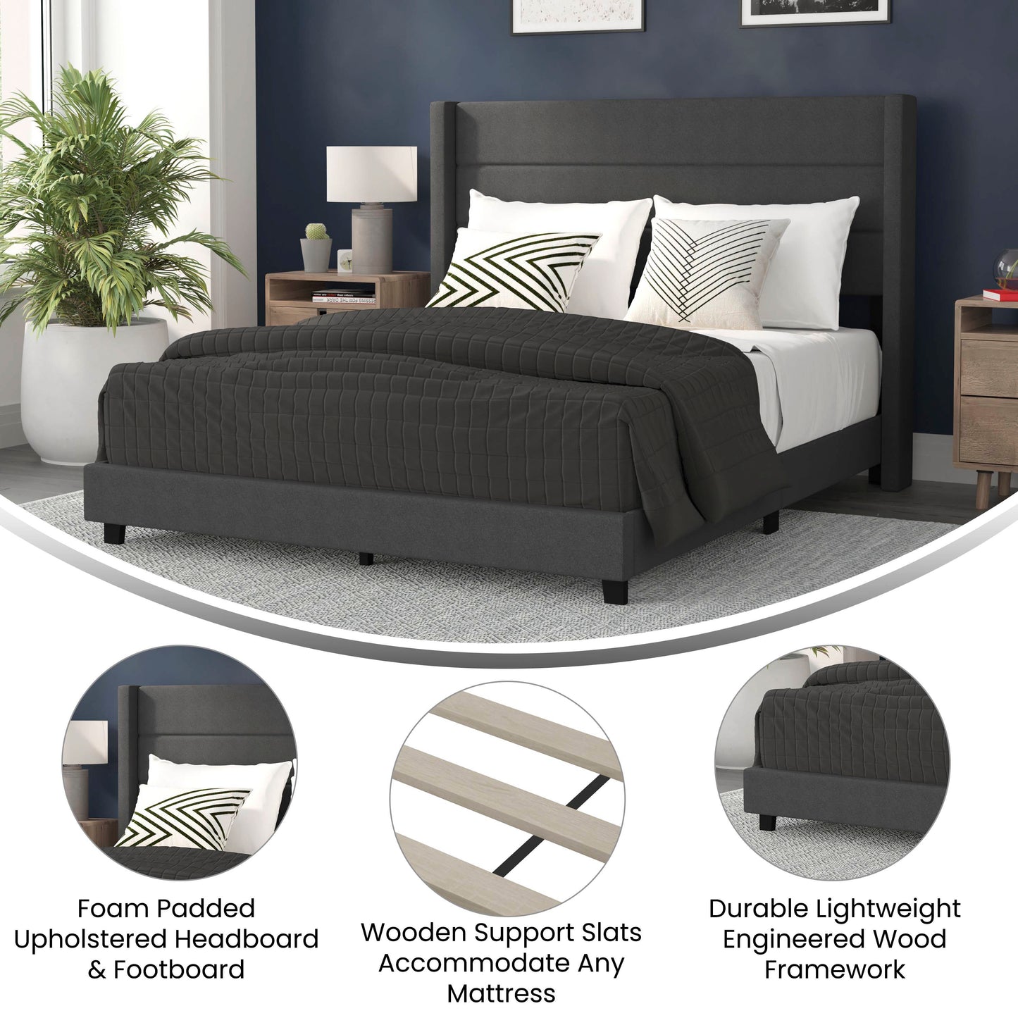 Hollis Full Upholstered Platform Bed with Wingback Headboard, Mattress Foundation with Slatted Supports, No Box Spring Needed, Charcoal Faux Linen
