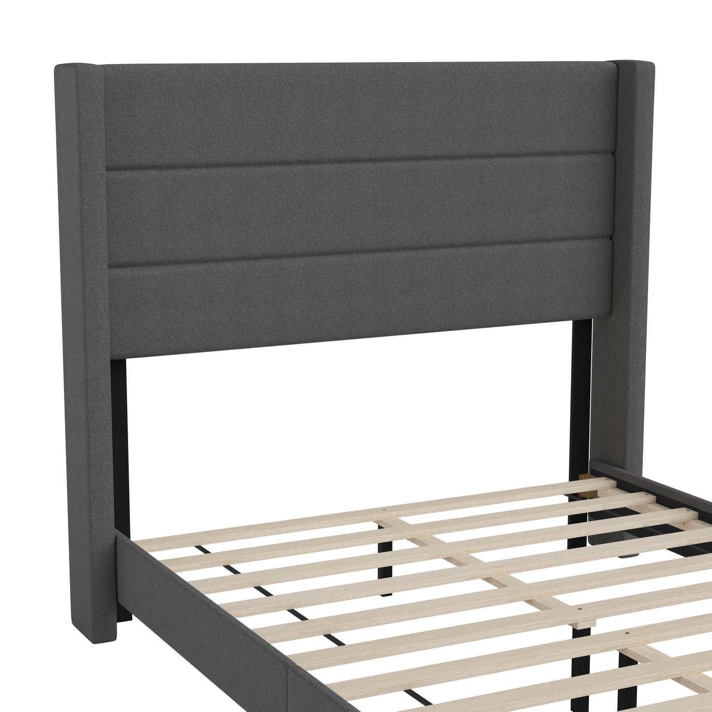Hollis Full Upholstered Platform Bed with Wingback Headboard, Mattress Foundation with Slatted Supports, No Box Spring Needed, Charcoal Faux Linen